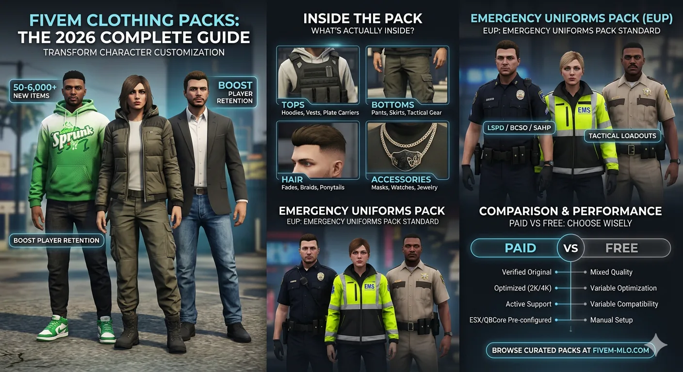 FiveM clothing pack 2026 — civilian and EUP outfits across MP male and female models for ESX, QBCore, and QBox servers