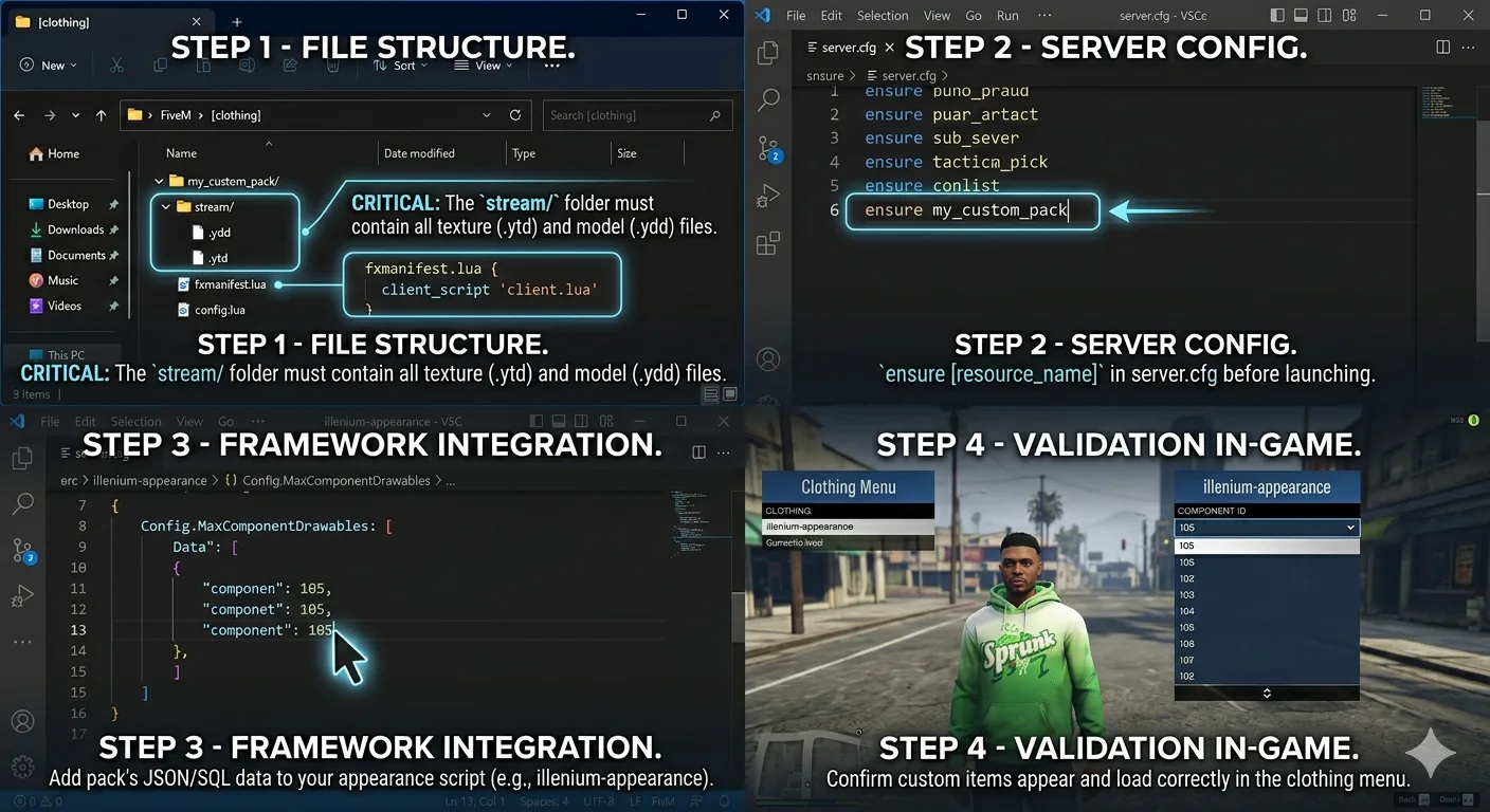 FiveM clothing pack installation steps — file structure, server.cfg, framework integration, and in-game validation across 4 screenshots